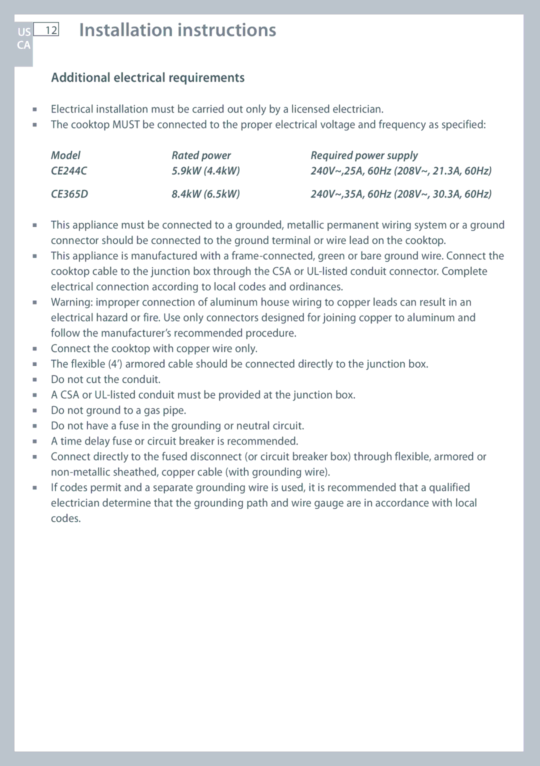 Fisher & Paykel CE244C installation instructions Additional electrical requirements, CE365D 4kW 6.5kW 