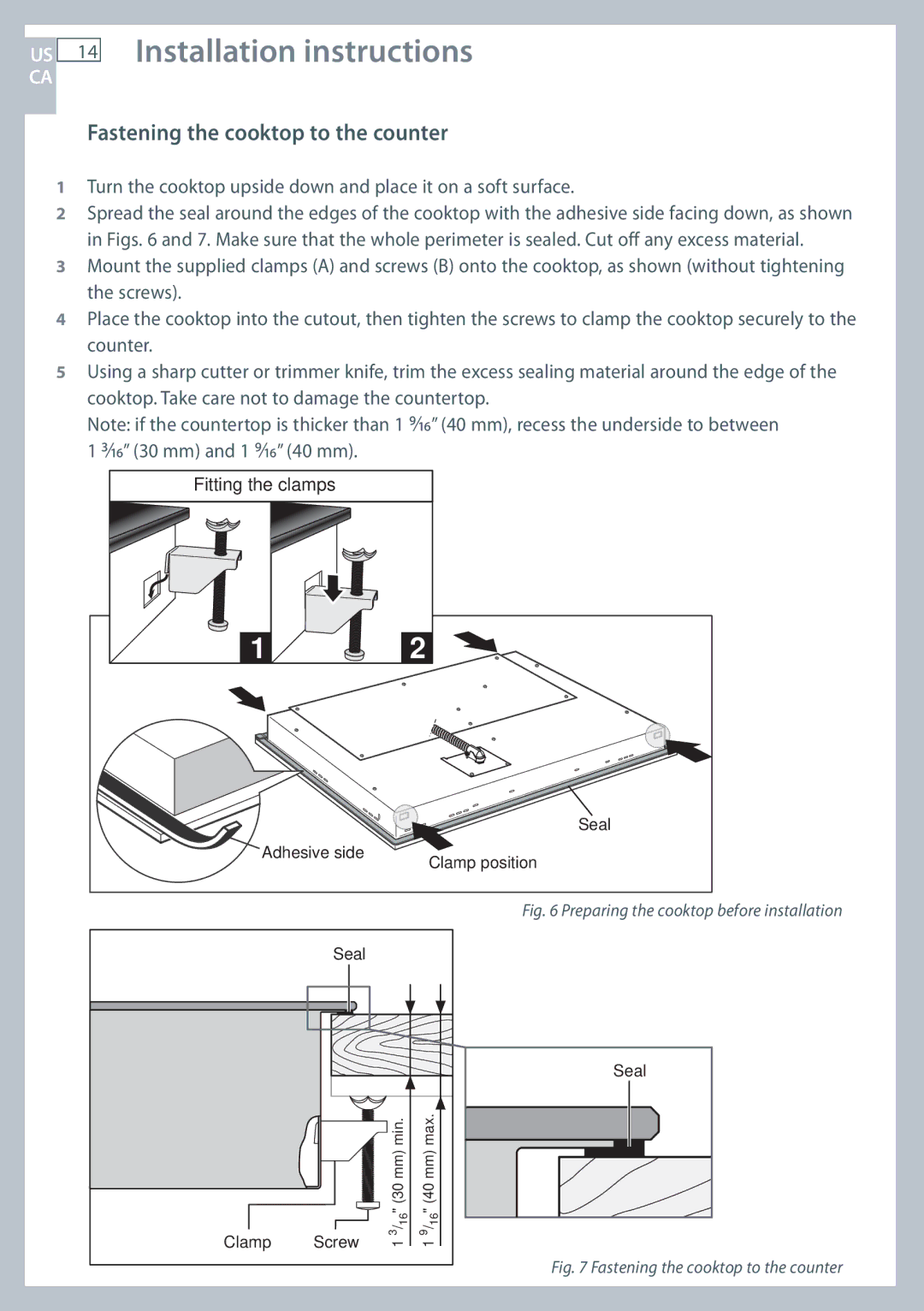 Fisher & Paykel CE244C, CE365D installation instructions Fastening the cooktop to the counter 