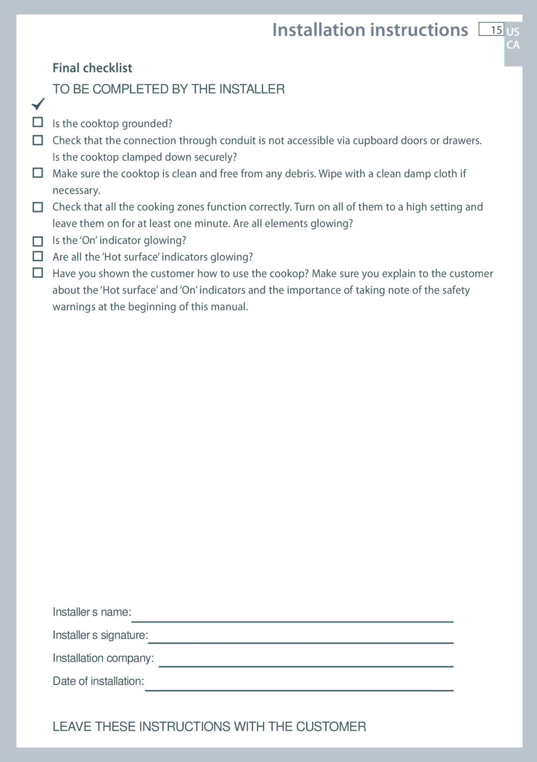 Fisher & Paykel CE365D, CE244C installation instructions Final checklist, To be Completed by the Installer 