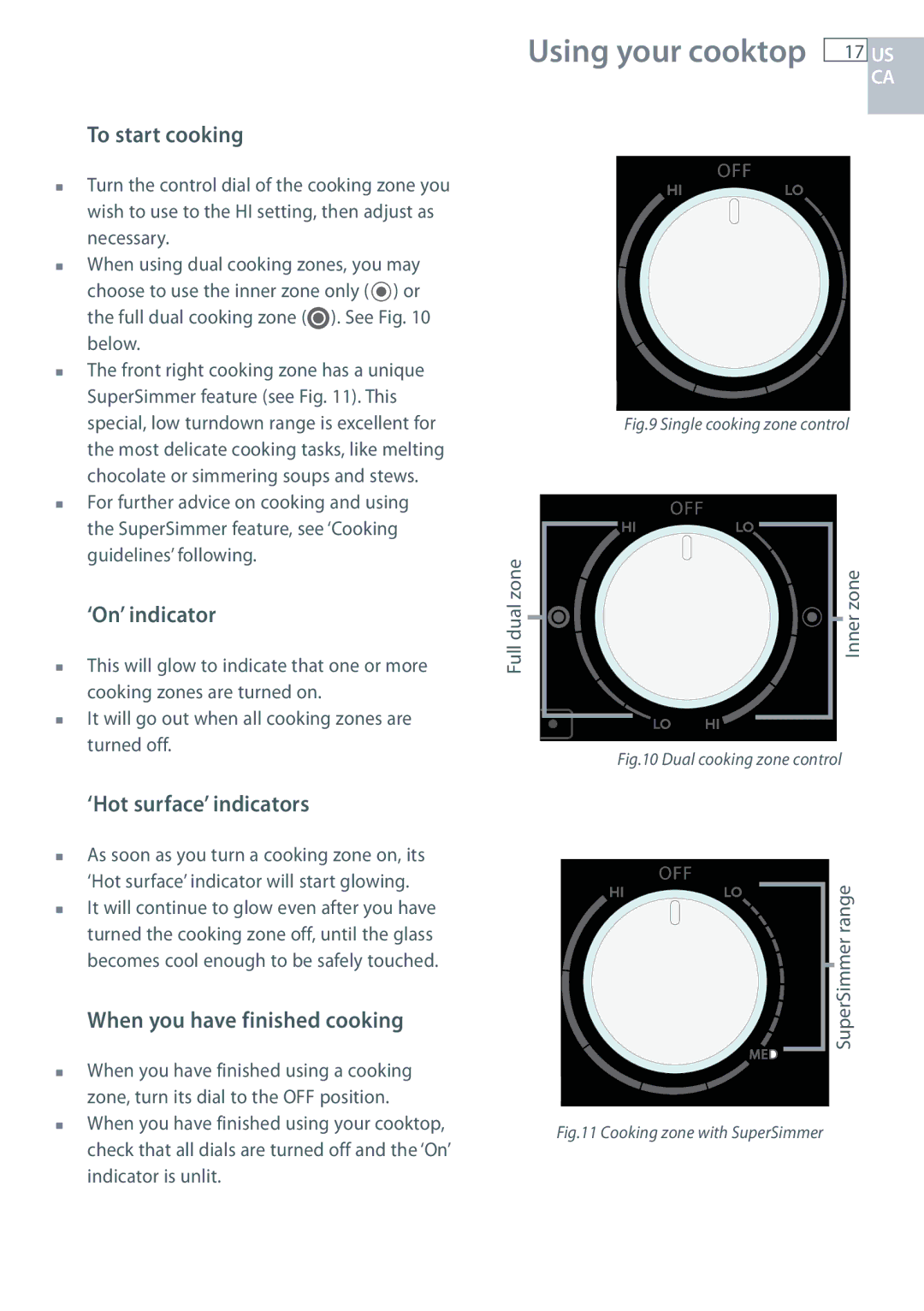 Fisher & Paykel CE365D, CE244C Using your cooktop 17 US, To start cooking, ‘On’ indicator, ‘Hot surface’ indicators 