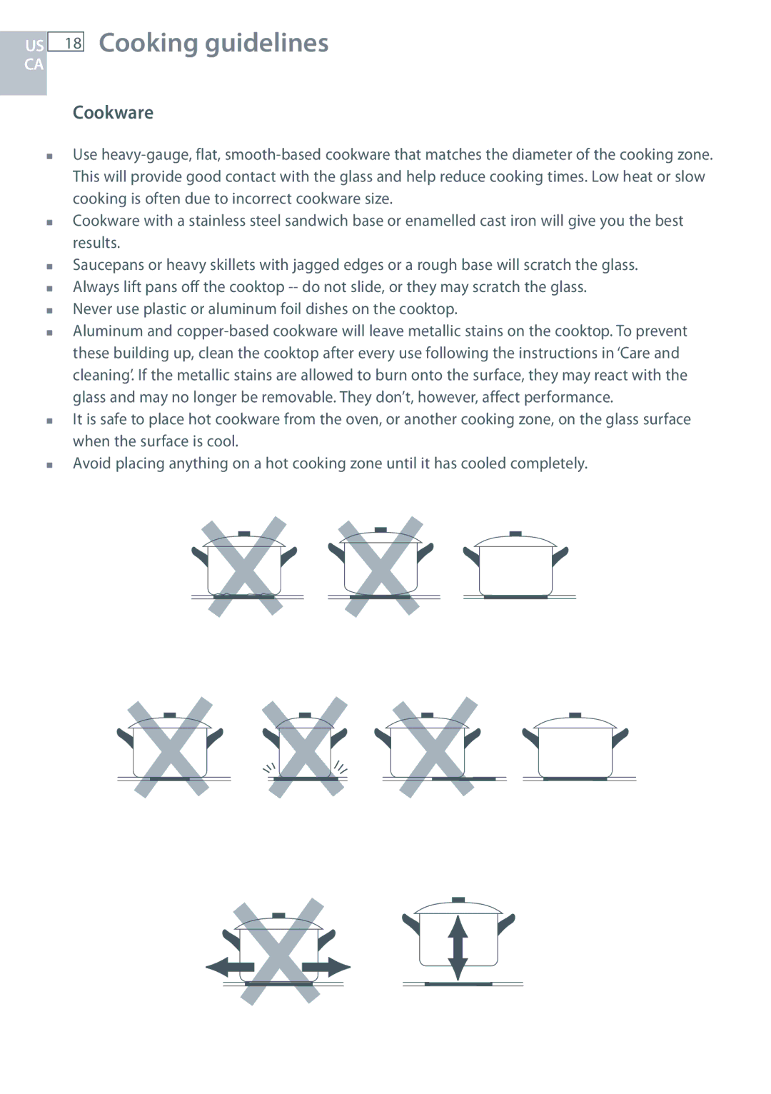 Fisher & Paykel CE244C, CE365D installation instructions US 18 Cooking guidelines, Cookware 