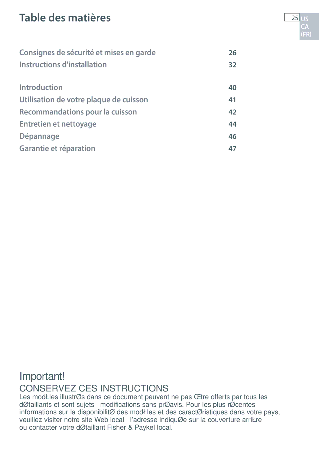 Fisher & Paykel CE365D, CE244C installation instructions Table des matières 