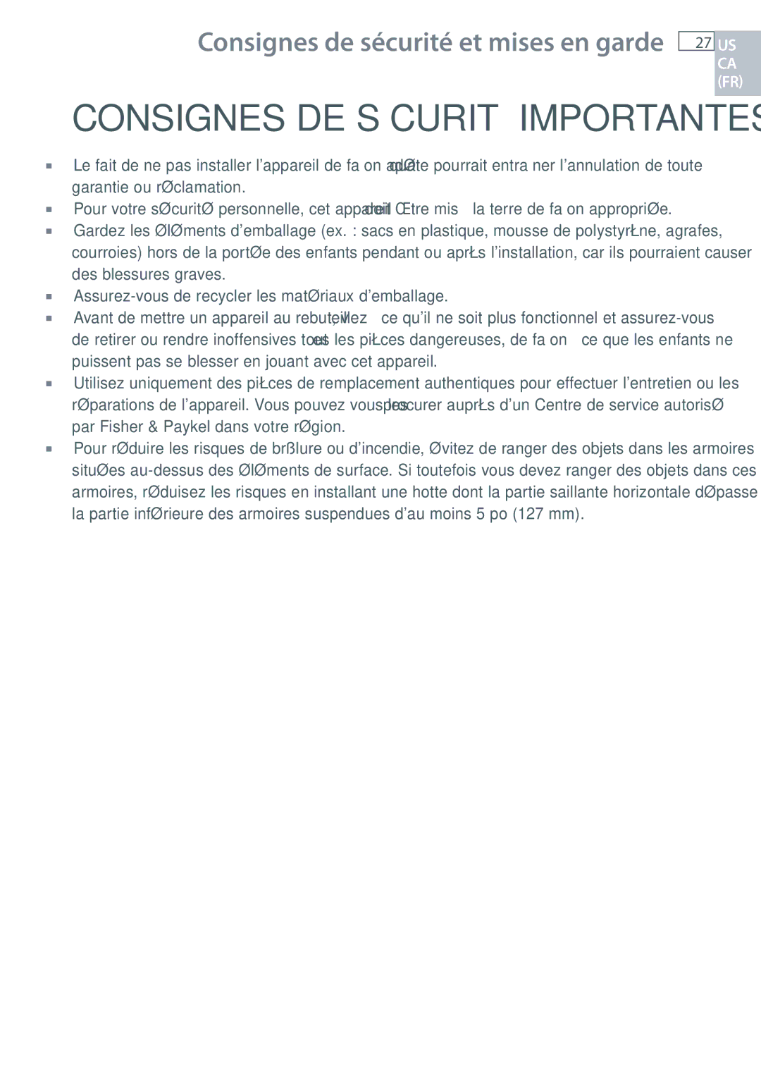 Fisher & Paykel CE365D, CE244C installation instructions Consignes DE Sécurité Importantes 