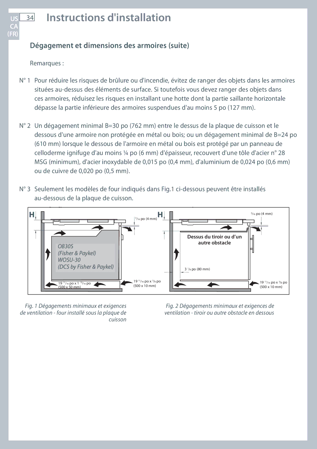 Fisher & Paykel CE244C, CE365D installation instructions Dégagement et dimensions des armoires suite, Remarques 