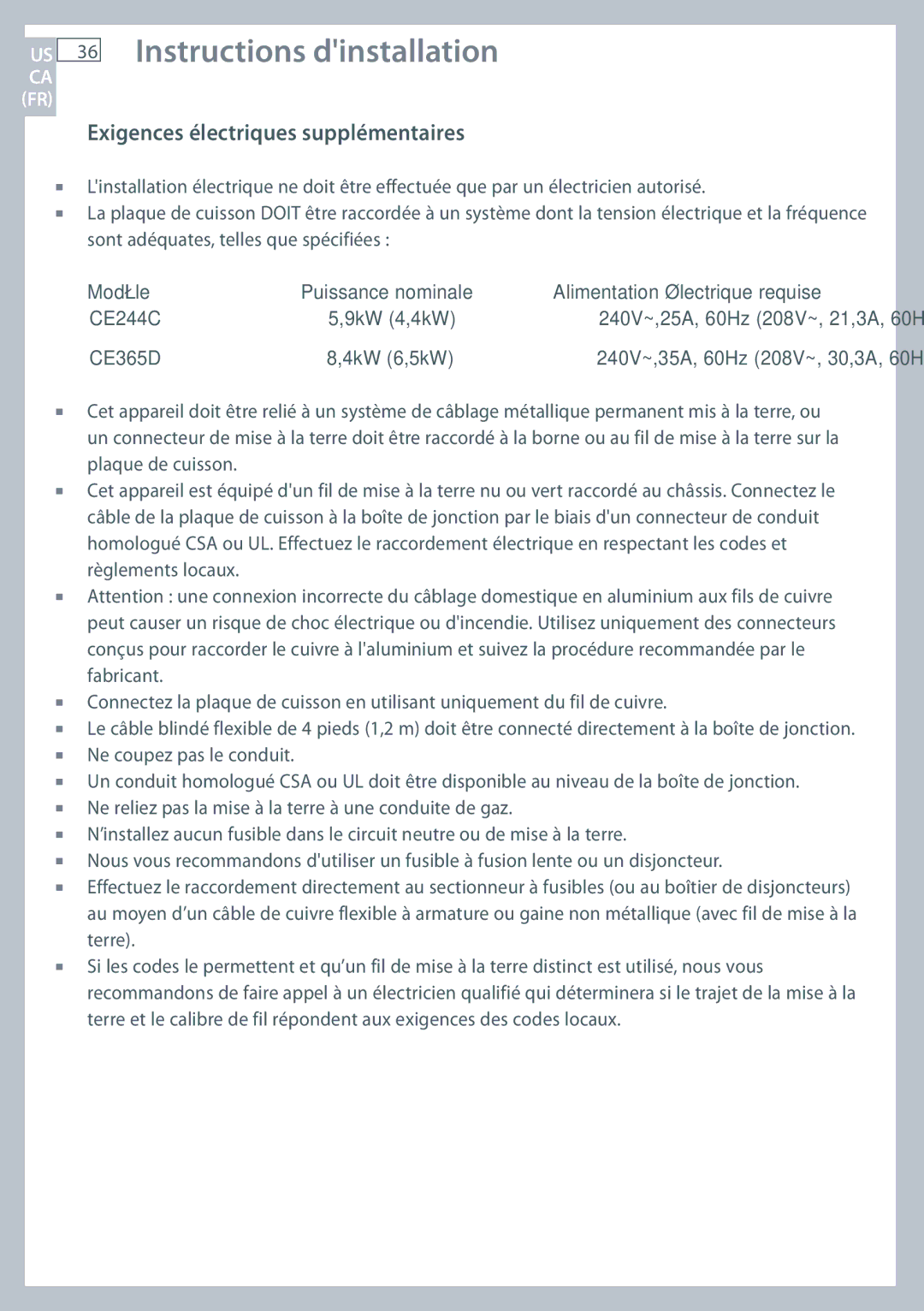 Fisher & Paykel CE244C installation instructions Exigences électriques supplémentaires, CE365D 4kW 6,5kW 