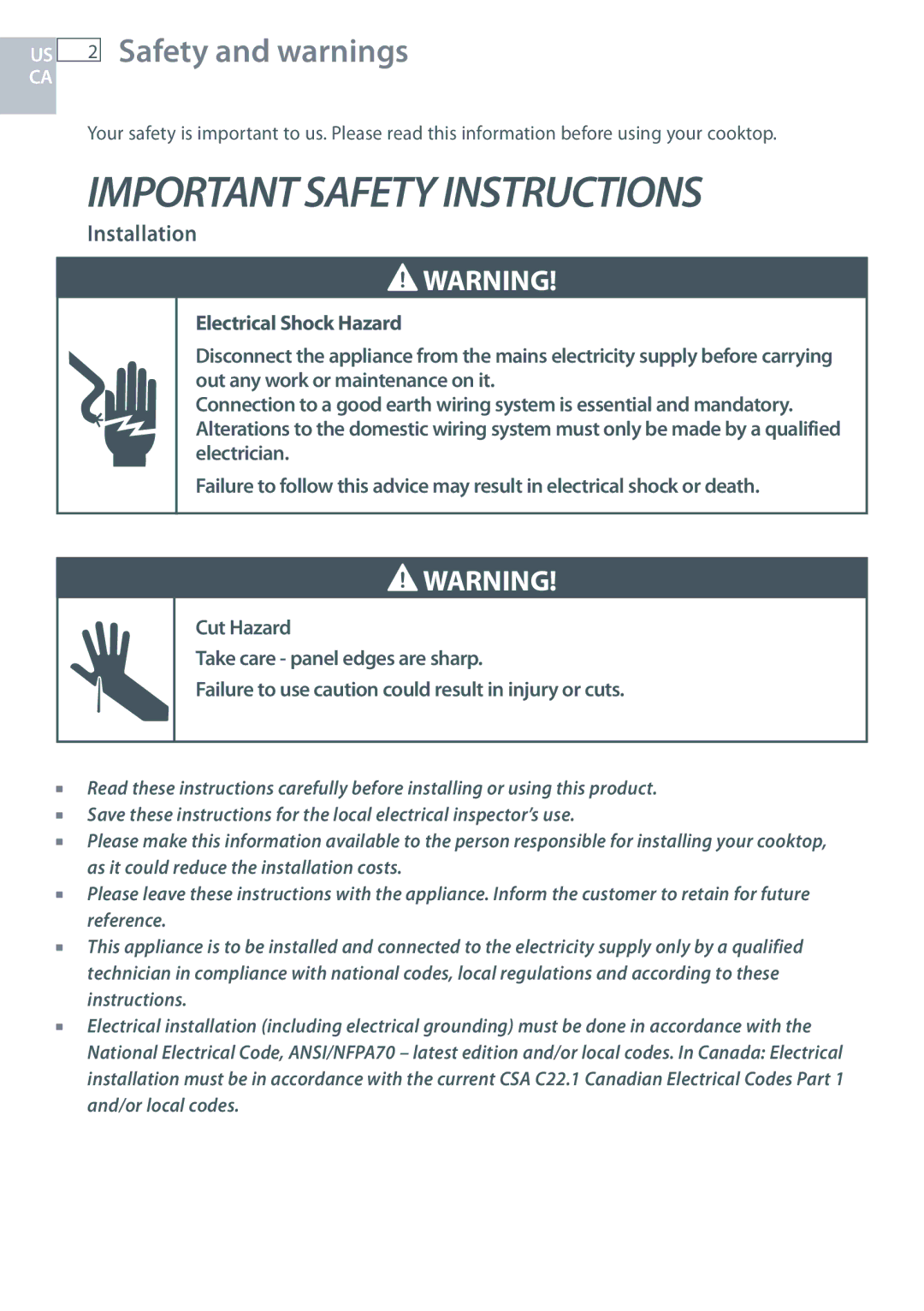 Fisher & Paykel CE244C, CE365D installation instructions Safety and warnings, Installation 