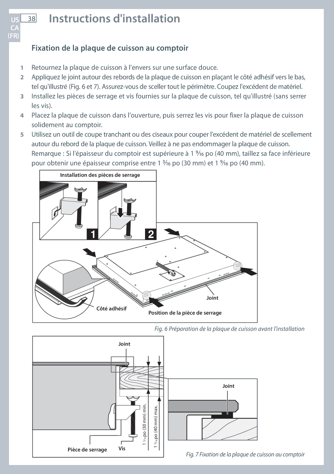 Fisher & Paykel CE244C, CE365D installation instructions Fixation de la plaque de cuisson au comptoir 