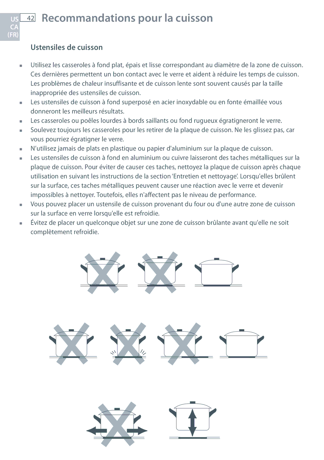 Fisher & Paykel CE244C, CE365D installation instructions US 42 Recommandations pour la cuisson, Ustensiles de cuisson 