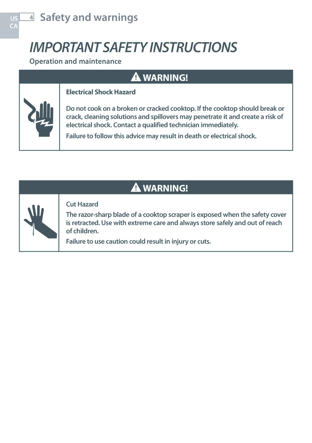 Fisher & Paykel CE244C, CE365D installation instructions Operation and maintenance, Electrical Shock Hazard 