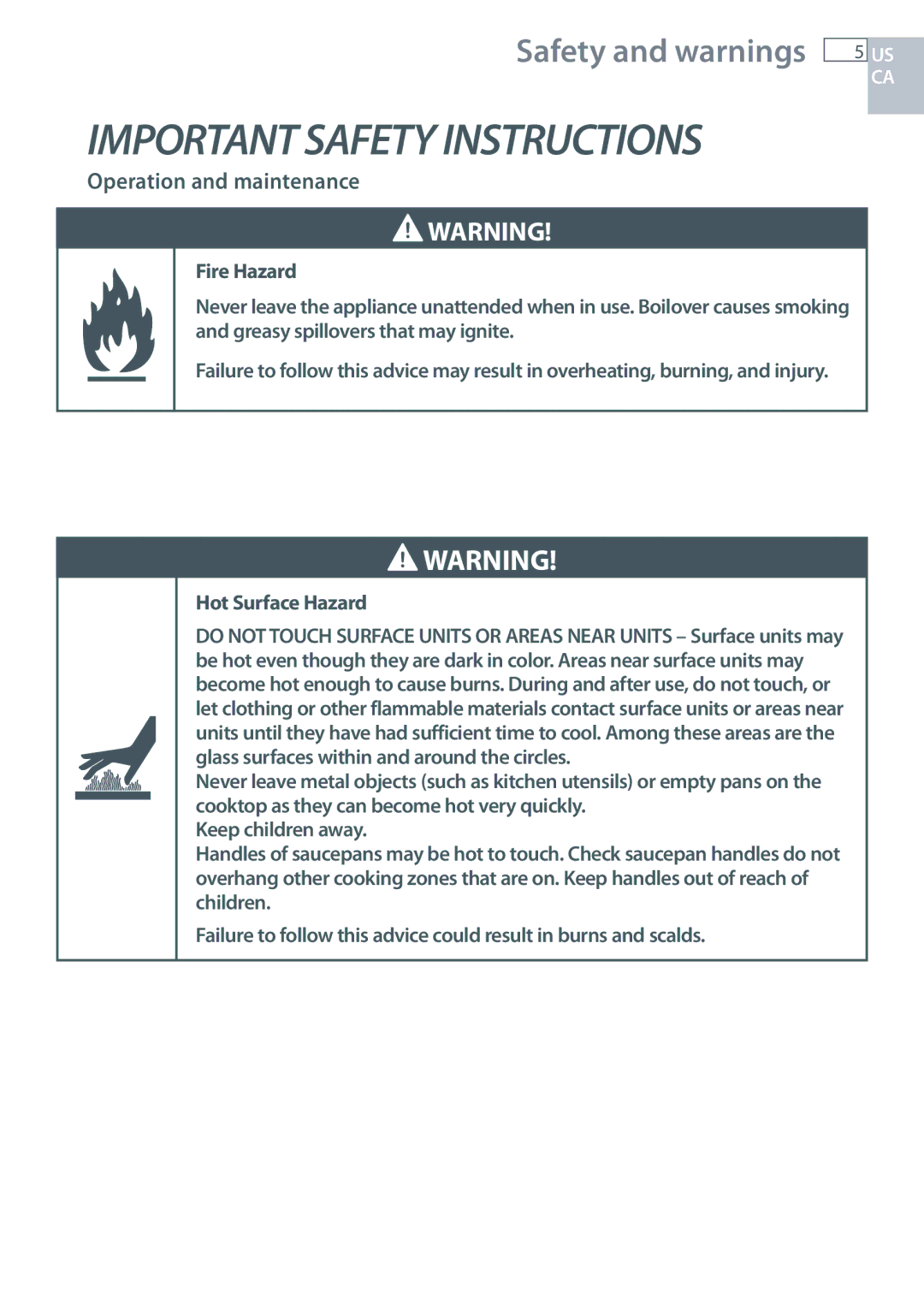 Fisher & Paykel CE365D, CE244C installation instructions Hot Surface Hazard 