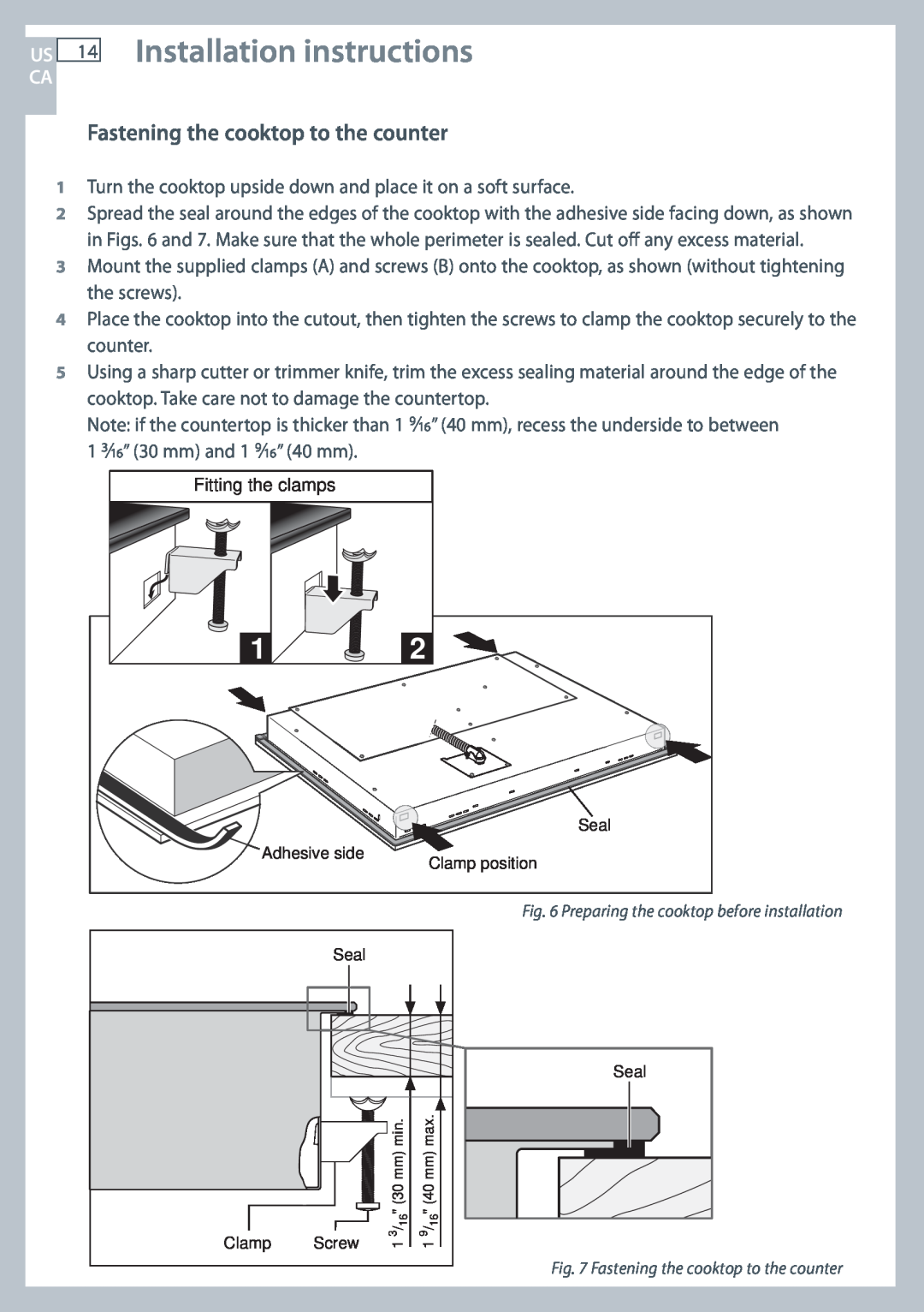 Fisher & Paykel CE244C, CE365D installation instructions Installation instructions, Fastening the cooktop to the counter 