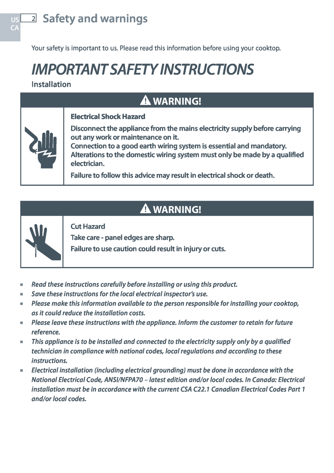 Fisher & Paykel CE244C, CE365D installation instructions Important Safety Instructions, Safety and warnings, Installation 