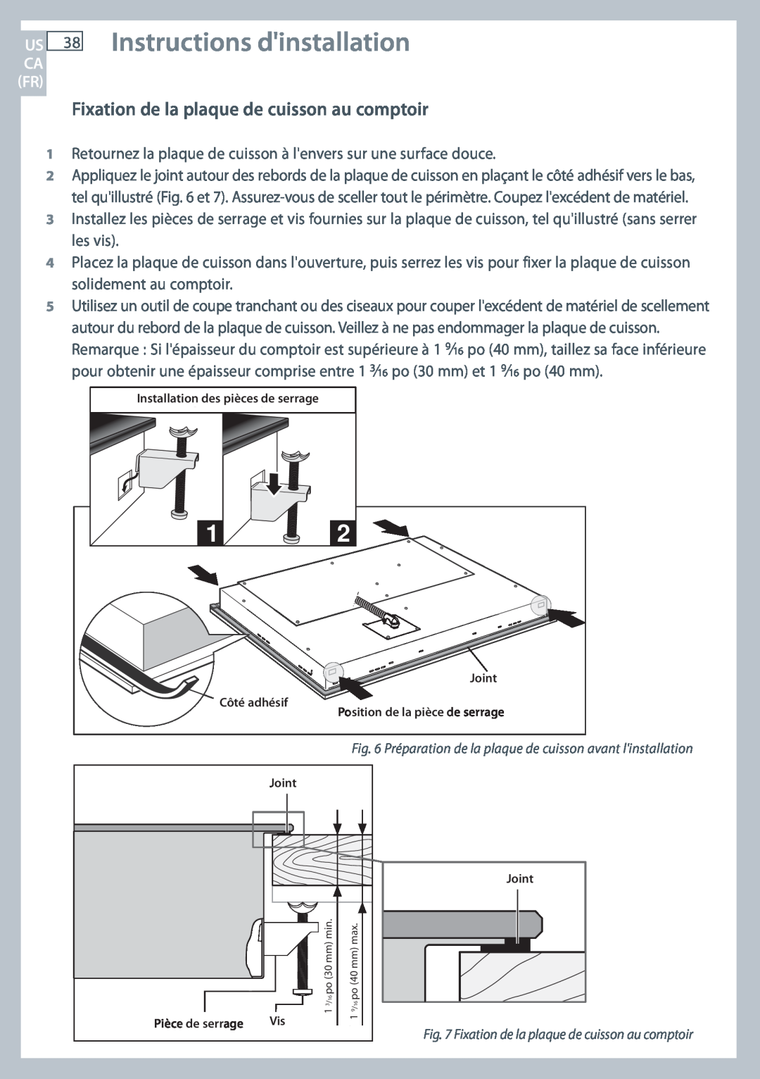 Fisher & Paykel CE244C, CE365D Instructions dinstallation, Fixation de la plaque de cuisson au comptoir 
