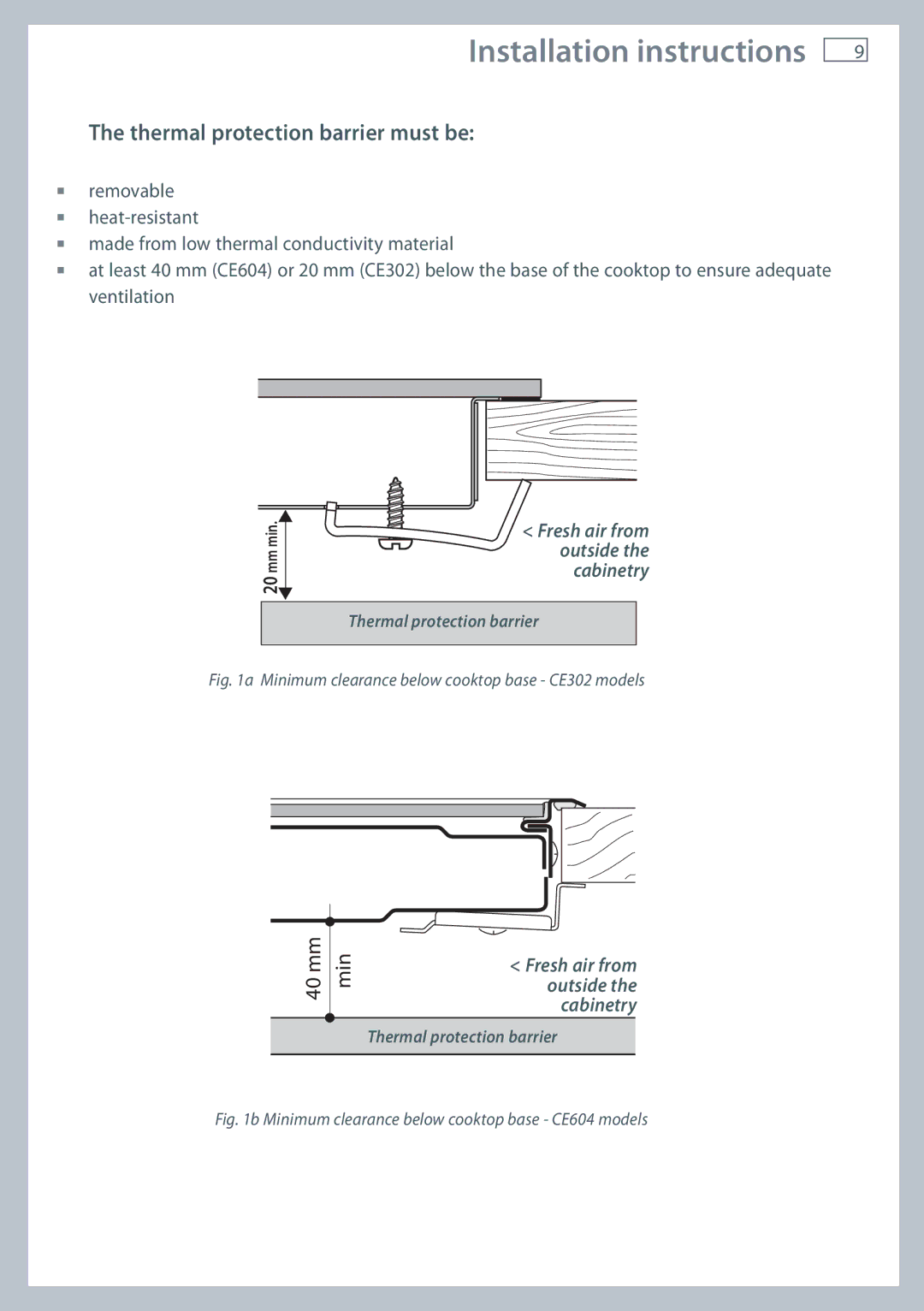 Fisher & Paykel CE604 Thermal protection barrier must be, Minimum clearance below cooktop base CE302 models 