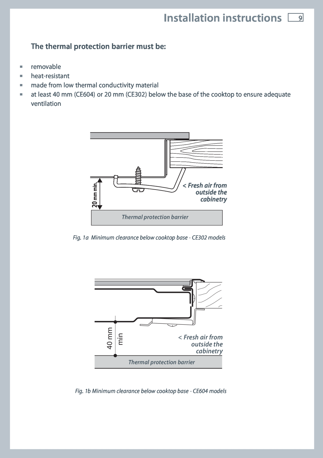 Fisher & Paykel CE604 The thermal protection barrier must be, 40 mm, Installation instructions, removable heat-resistant 