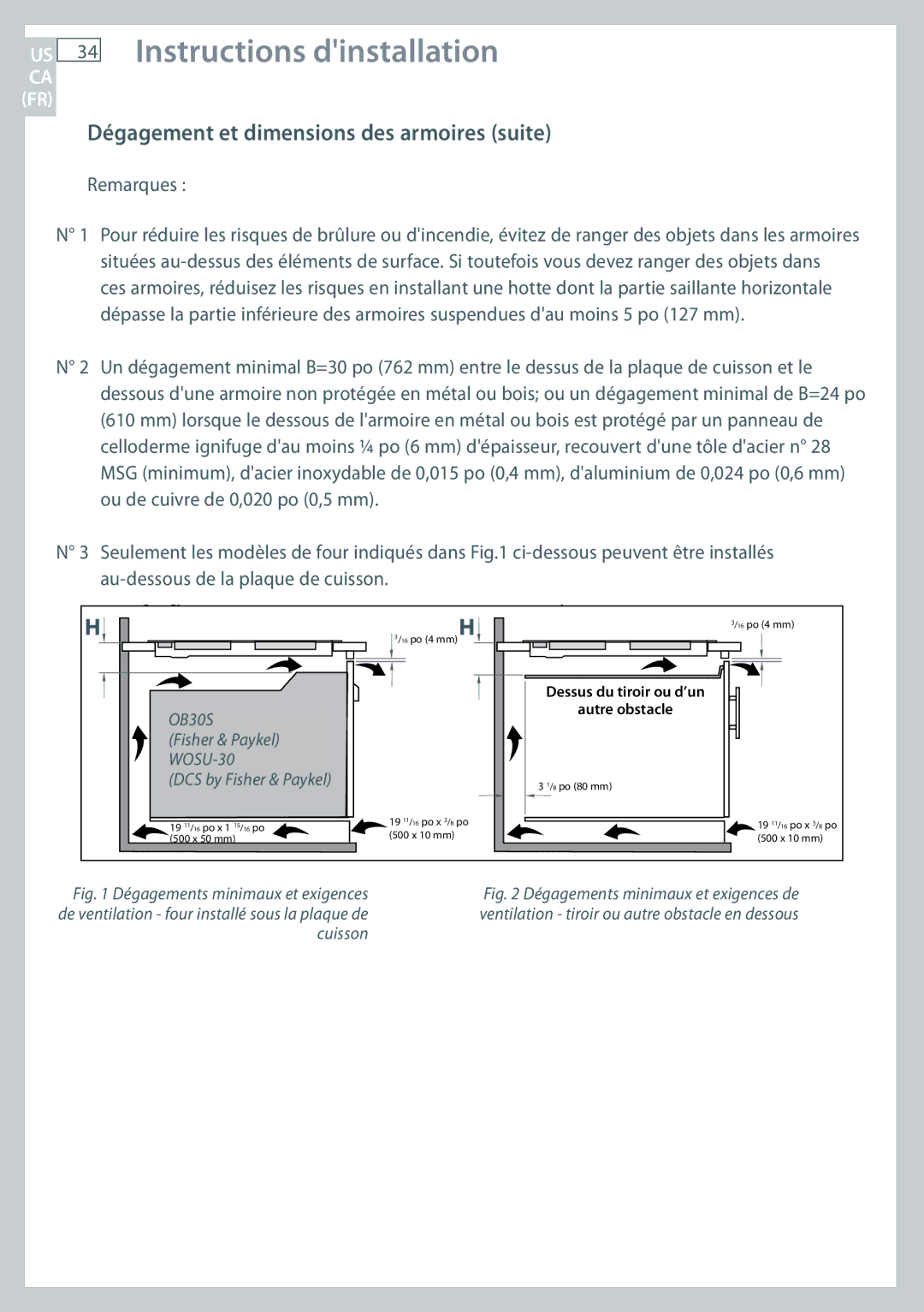 Fisher & Paykel CE365D installation instructions Dégagement et dimensions des armoires suite, Remarques 