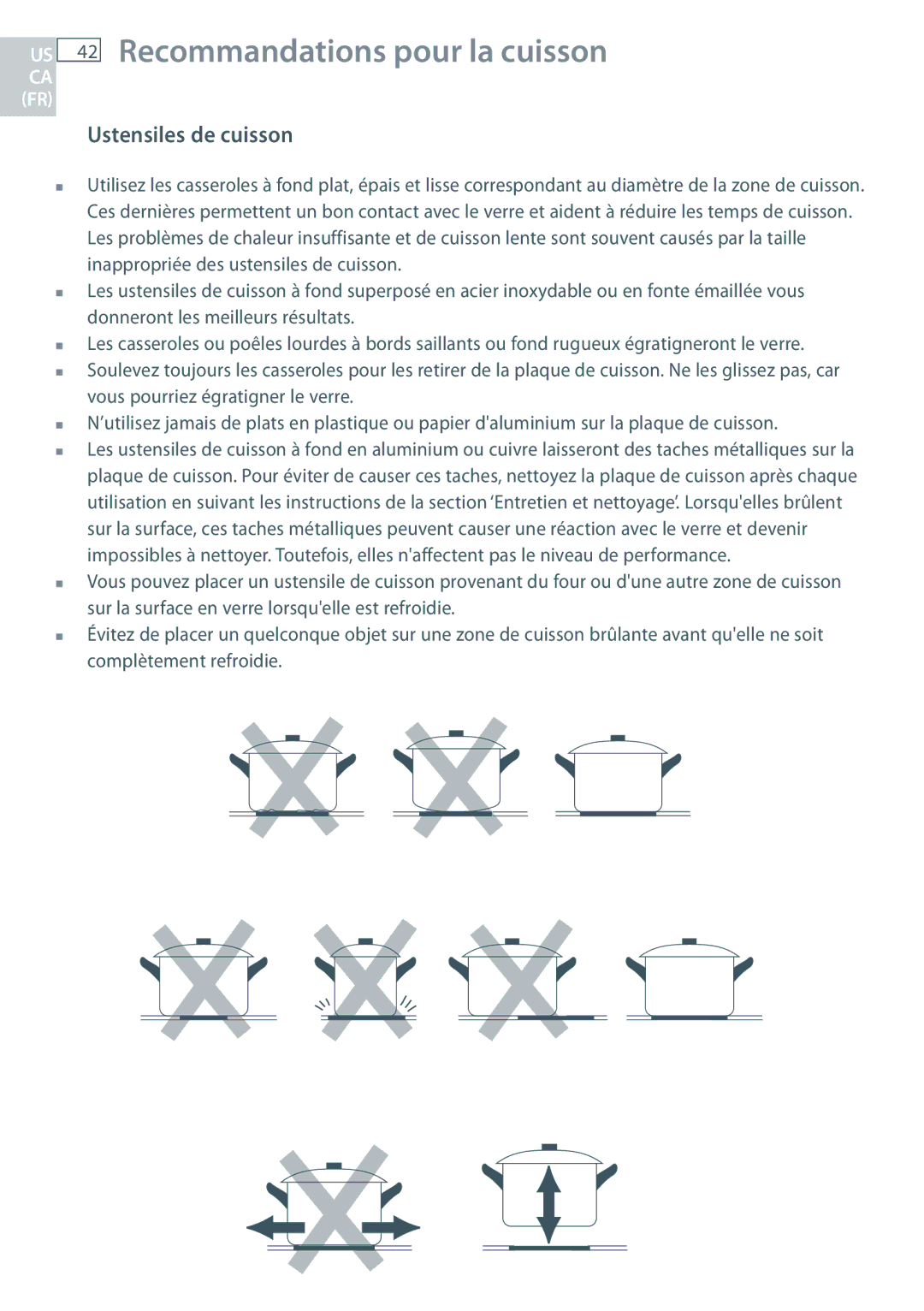 Fisher & Paykel CE365D installation instructions US 42 Recommandations pour la cuisson, Ustensiles de cuisson 