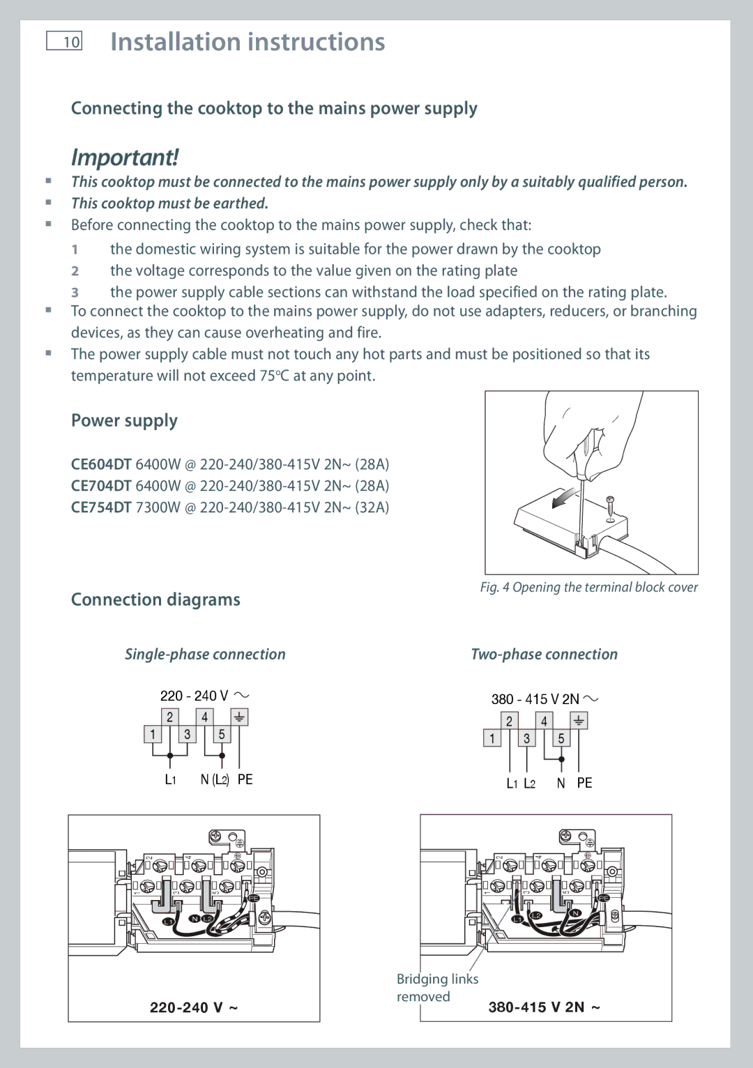 Fisher & Paykel CE604DT, CE704DT Connecting the cooktop to the mains power supply, Power supply, Connection diagrams 