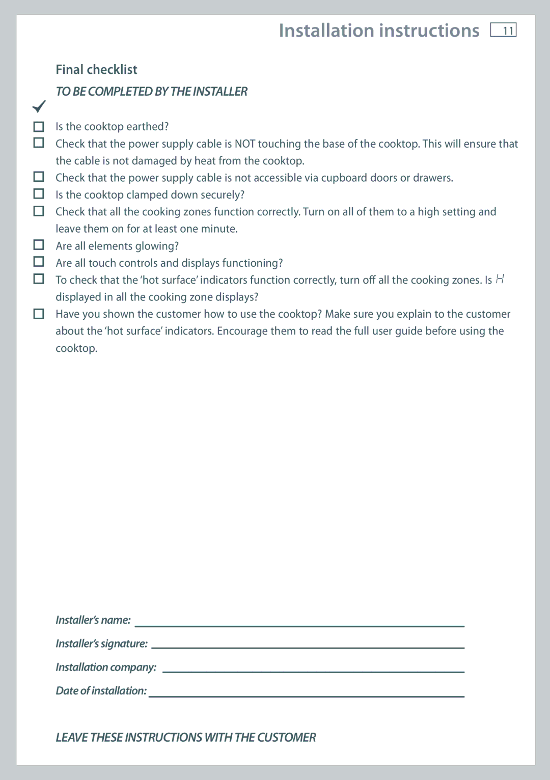 Fisher & Paykel CE704DT, CE604DT, CE754DT installation instructions Final checklist, To be Completed by the Installer 