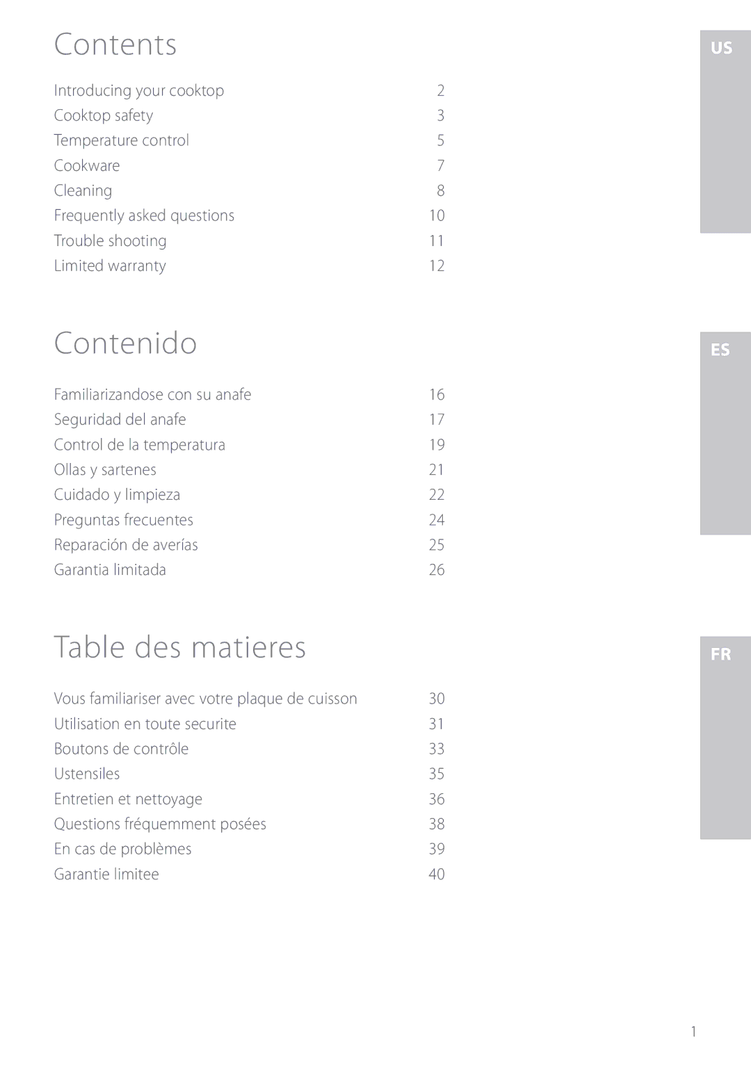 Fisher & Paykel CE901M manuel dutilisation Contents, Contenido, Table des matieres 