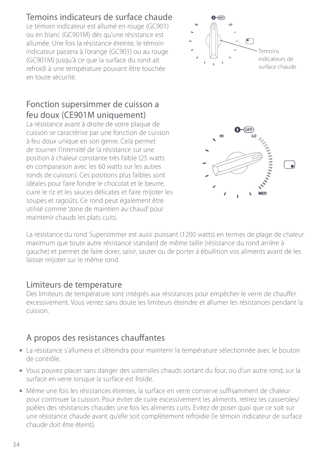 Fisher & Paykel CE901M Temoins indicateurs de surface chaude, Limiteurs de temperature, Propos des resistances chauffantes 