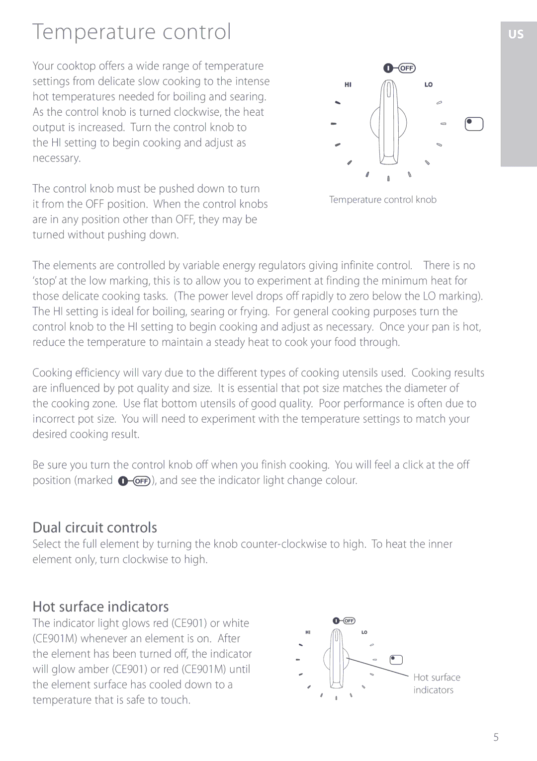 Fisher & Paykel CE901M manuel dutilisation Temperature control, Dual circuit controls, Hot surface indicators 