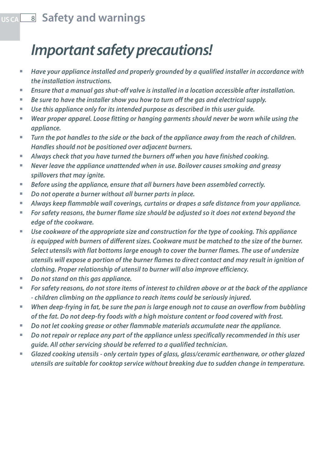 Fisher & Paykel CG244, CG122 installation instructions Do not stand on this gas appliance 