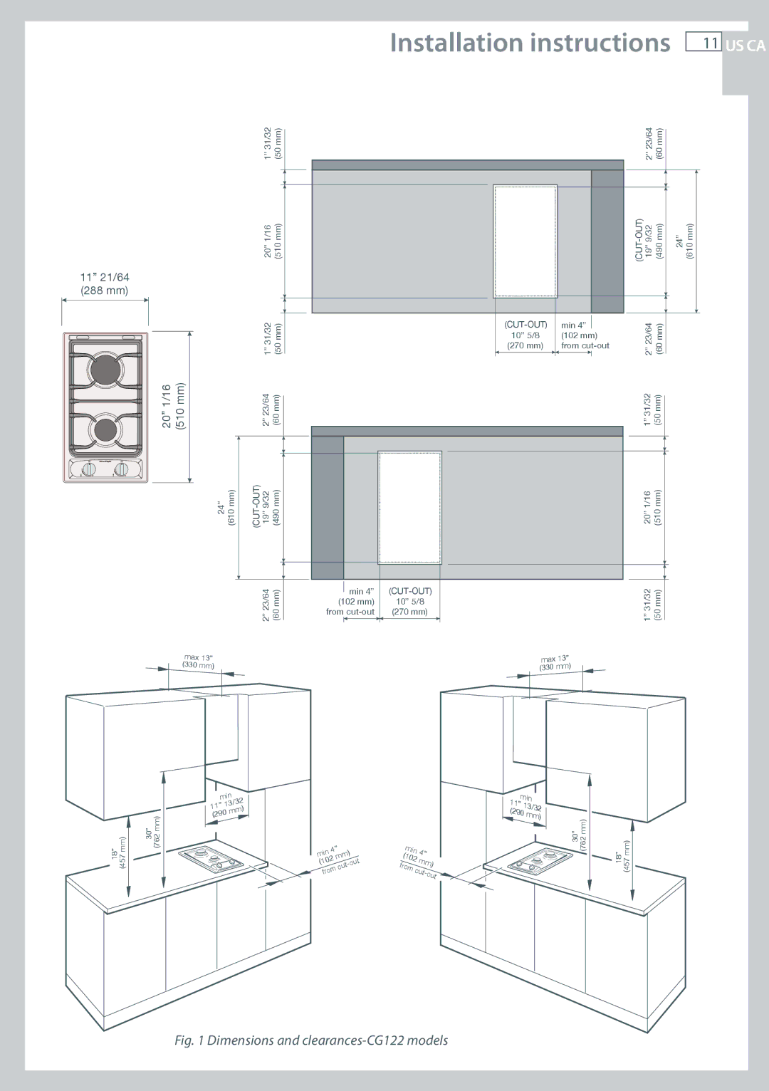 Fisher & Paykel CG244 installation instructions Dimensions and clearances-CG122 models 