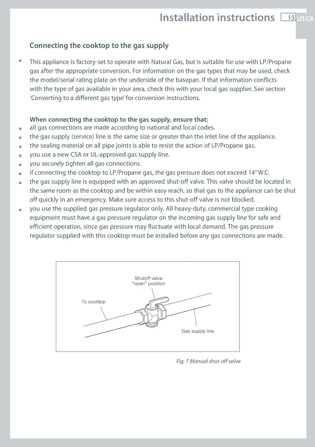 Fisher & Paykel CG122, CG244 installation instructions Connecting the cooktop to the gas supply, Manual shut-off valve 