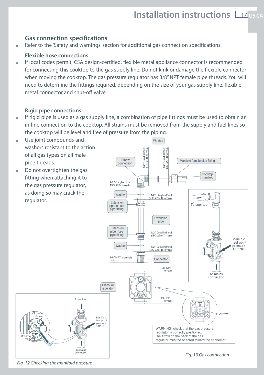 Fisher & Paykel CG122, CG244 Gas connection specifications, Flexible hose connections, Rigid pipe connections 