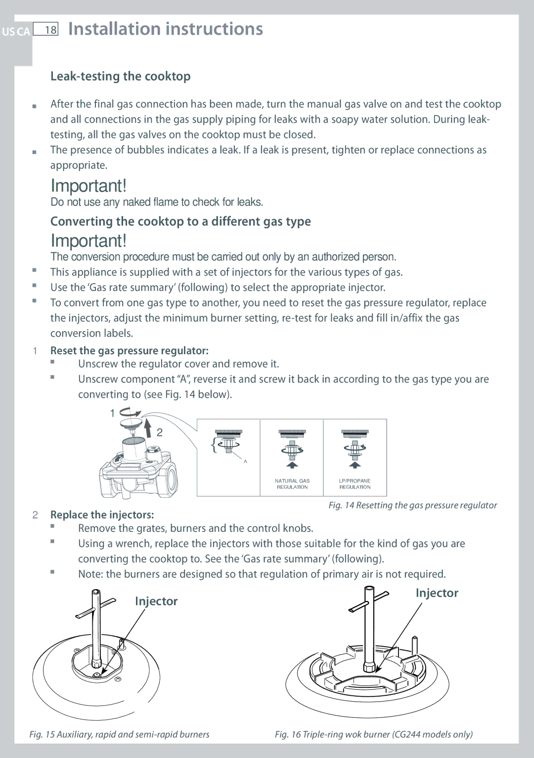 Fisher & Paykel CG244, CG122 Leak-testing the cooktop, Converting the cooktop to a different gas type, Injector 