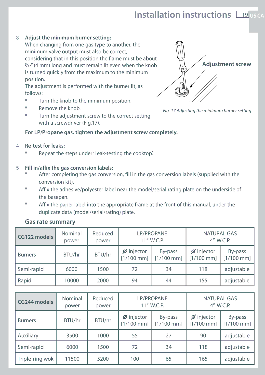 Fisher & Paykel CG122, CG244 installation instructions Gas rate summary, Adjustment screw, Adjust the minimum burner setting 