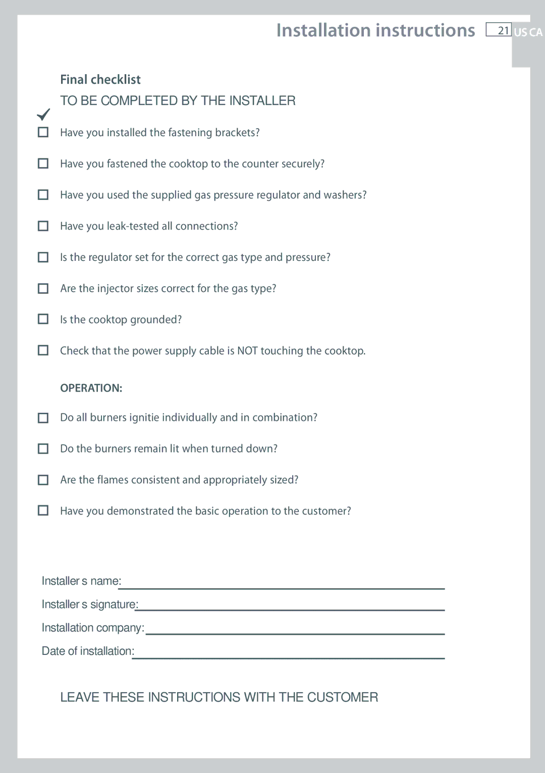 Fisher & Paykel CG122, CG244 installation instructions Final checklist, To be Completed by the Installer 