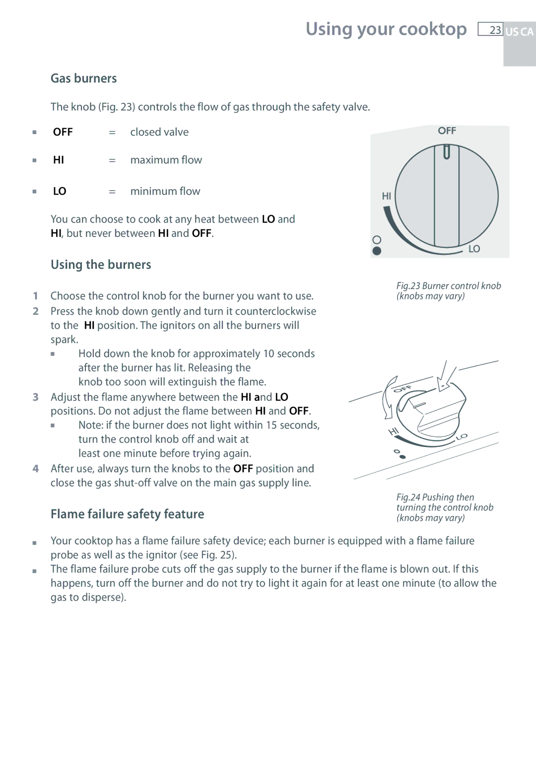 Fisher & Paykel CG122, CG244 Using your cooktop, Gas burners, Using the burners, Flame failure safety feature 