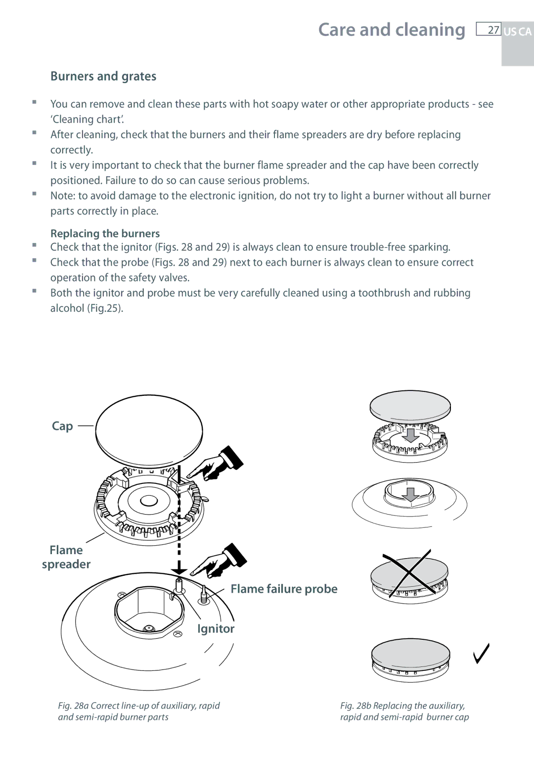 Fisher & Paykel CG122, CG244 Burners and grates, Cap Flame Spreader Flame failure probe Ignitor, Replacing the burners 