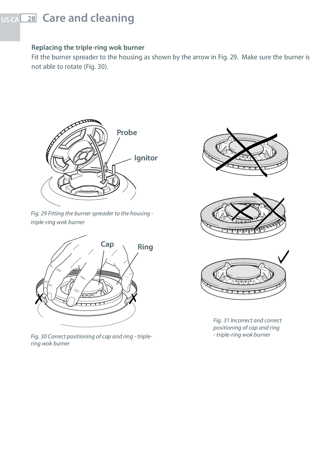 Fisher & Paykel CG244, CG122 installation instructions Probe Ignitor, Cap Ring, Replacing the triple-ring wok burner 