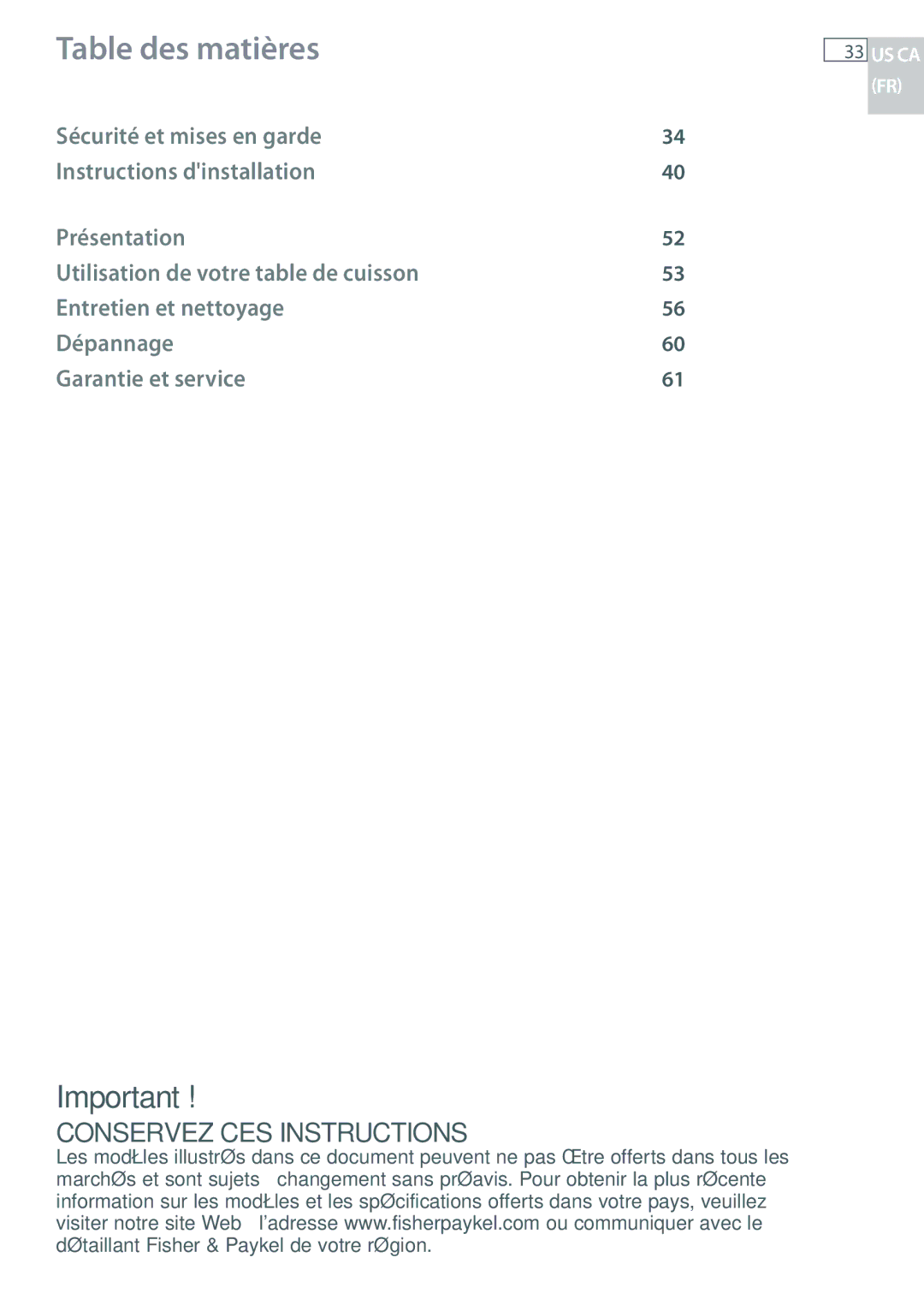 Fisher & Paykel CG122, CG244 installation instructions Table des matières 