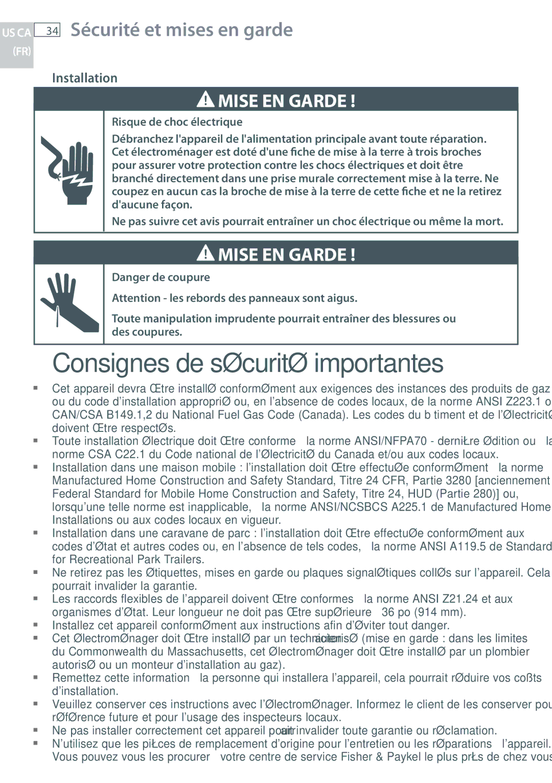 Fisher & Paykel CG244, CG122 installation instructions 34 Sécurité et mises en garde, Mise EN Garde 