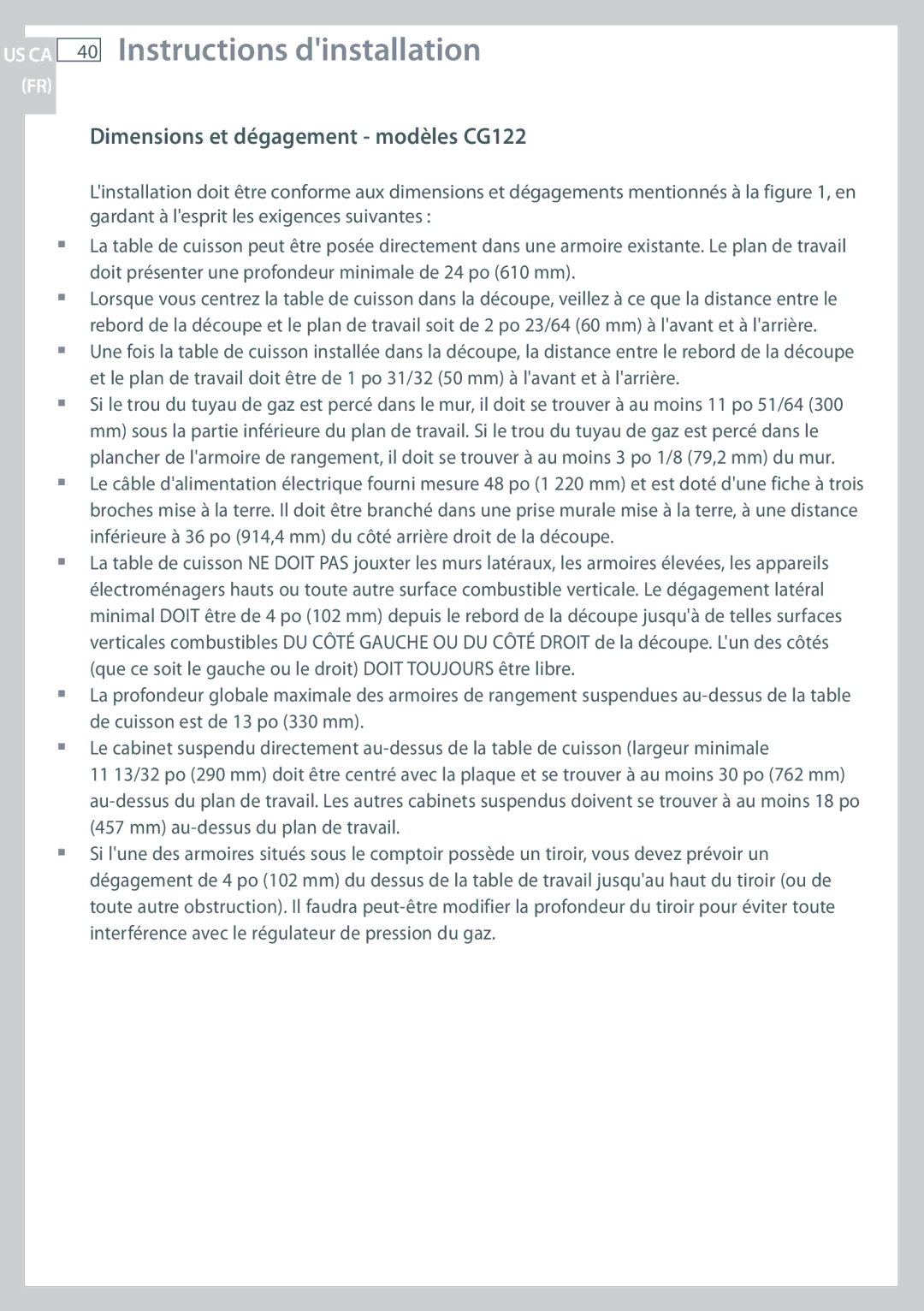 Fisher & Paykel CG244 installation instructions Instructions dinstallation, Dimensions et dégagement modèles CG122 