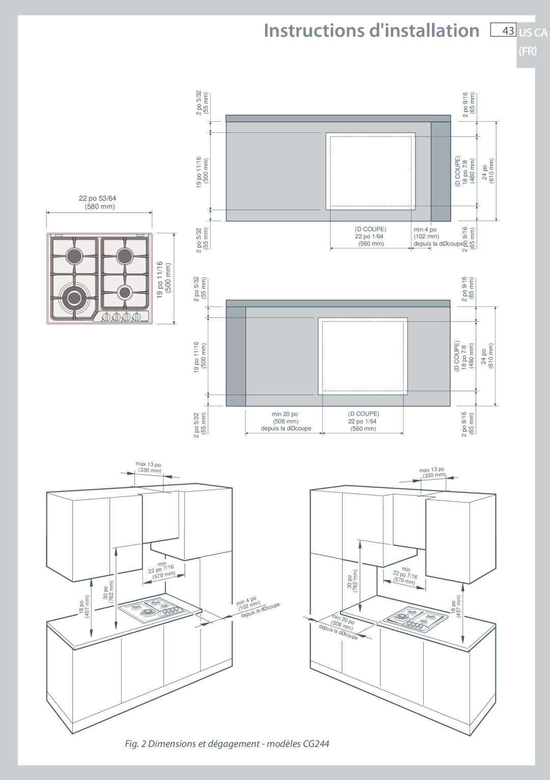 Fisher & Paykel CG122 installation instructions Dimensions et dégagement modèles CG244 