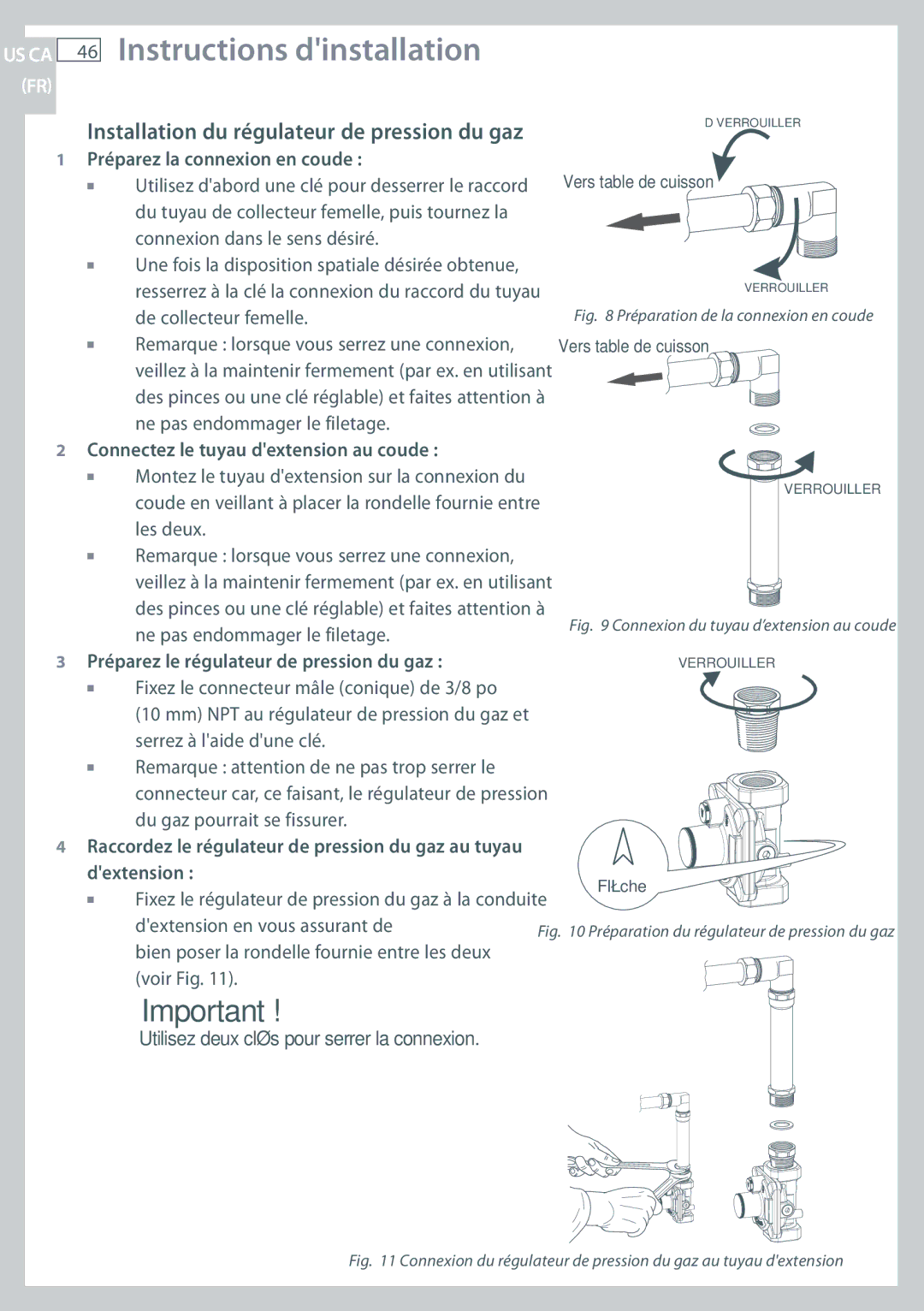 Fisher & Paykel CG244, CG122 Installation du régulateur de pression du gaz, Préparez la connexion en coude 