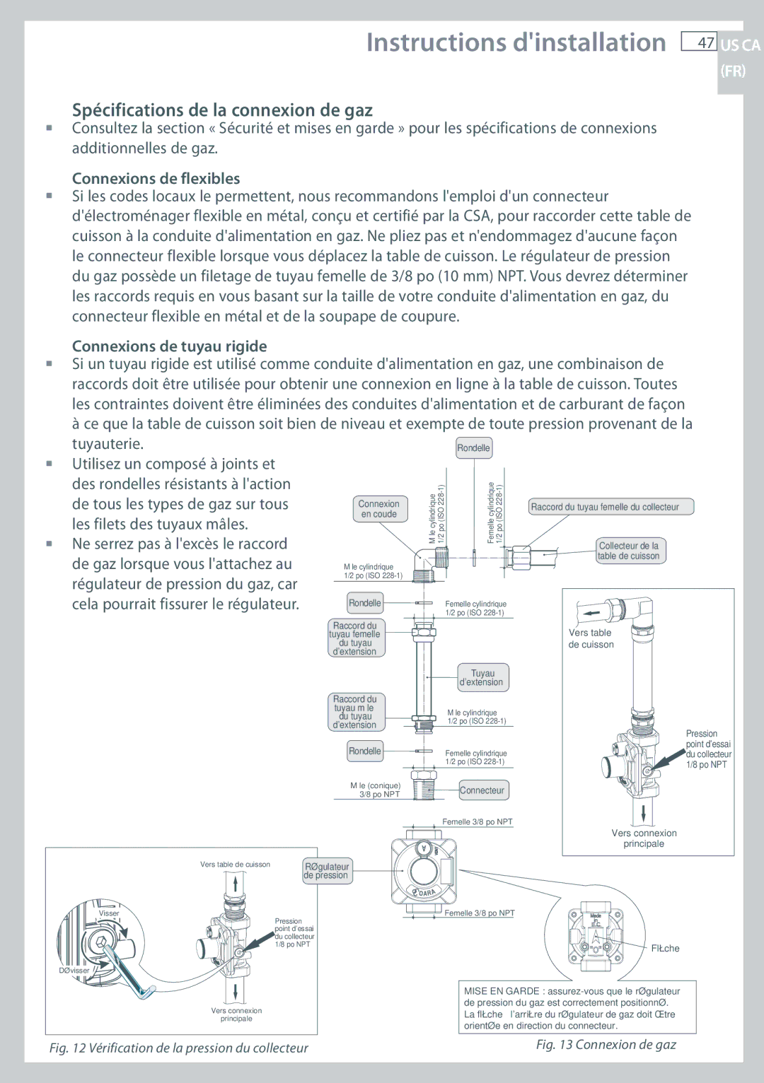 Fisher & Paykel CG122, CG244 Spécifications de la connexion de gaz, Connexions de flexibles, Connexions de tuyau rigide 