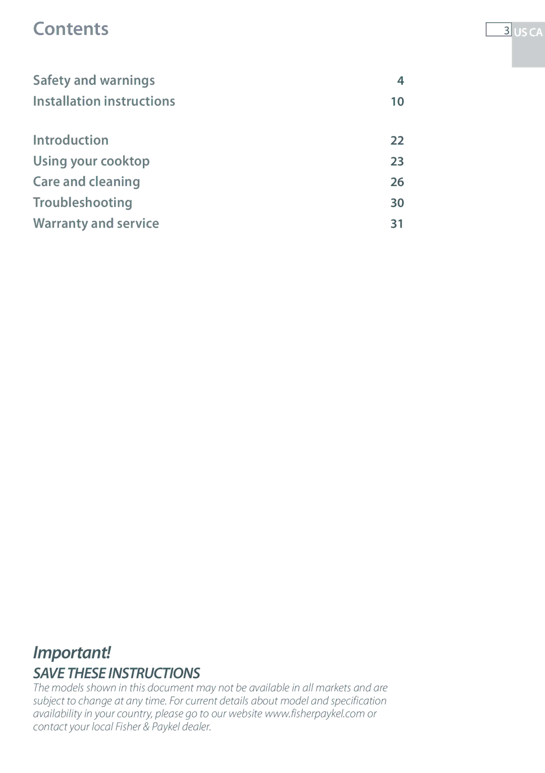 Fisher & Paykel CG122, CG244 installation instructions Contents 