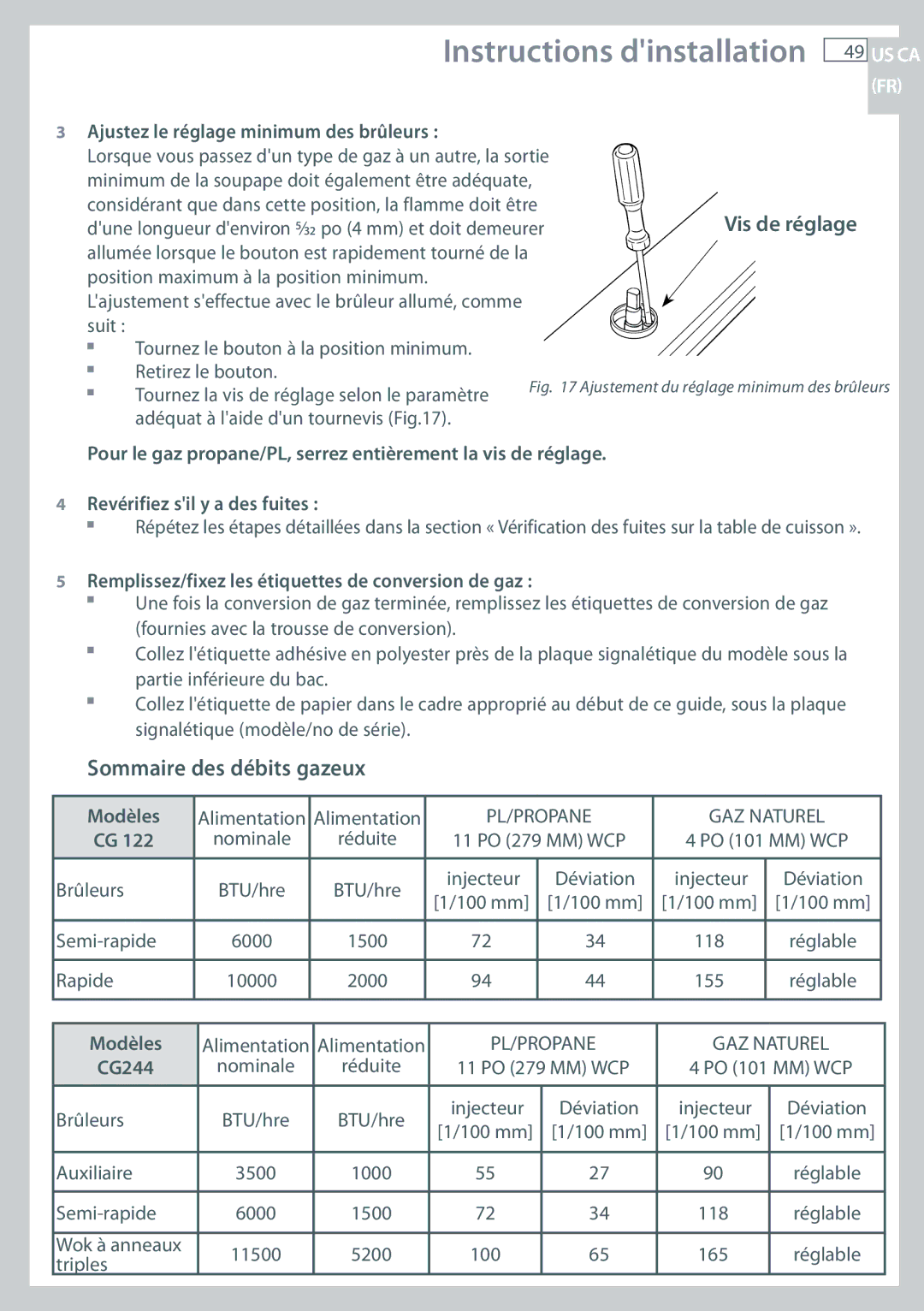 Fisher & Paykel CG122, CG244 Sommaire des débits gazeux, Vis de réglage, Ajustez le réglage minimum des brûleurs, Modèles 