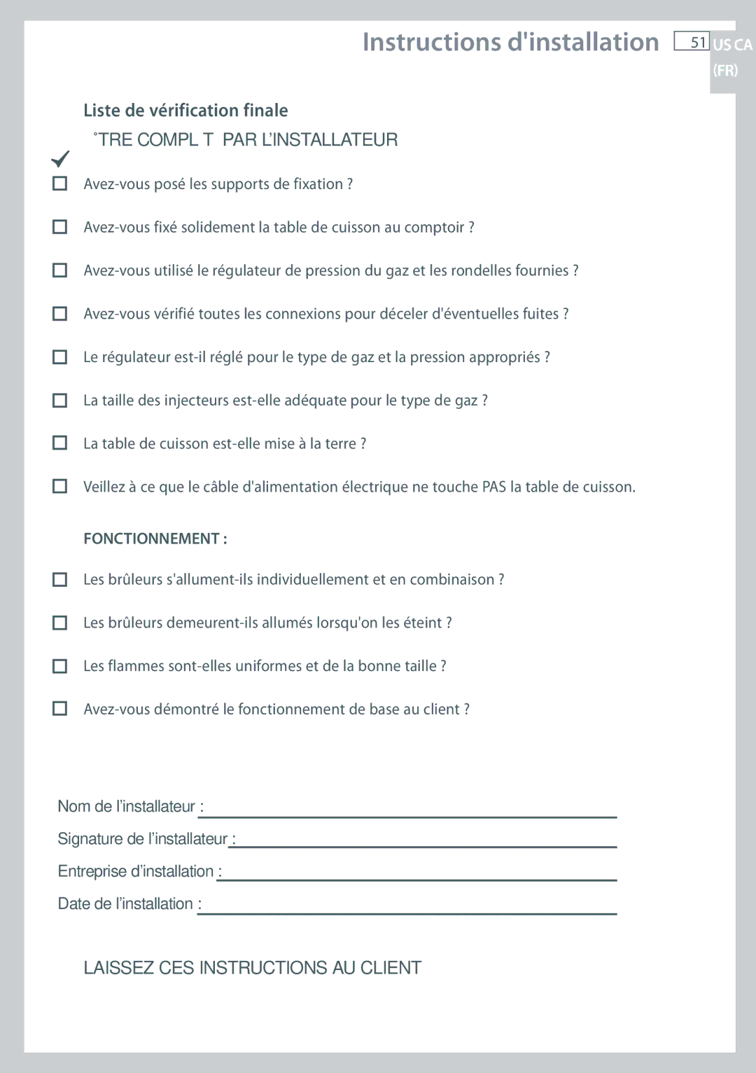 Fisher & Paykel CG122, CG244 installation instructions Liste de vérification finale, Être Complété PAR Linstallateur 