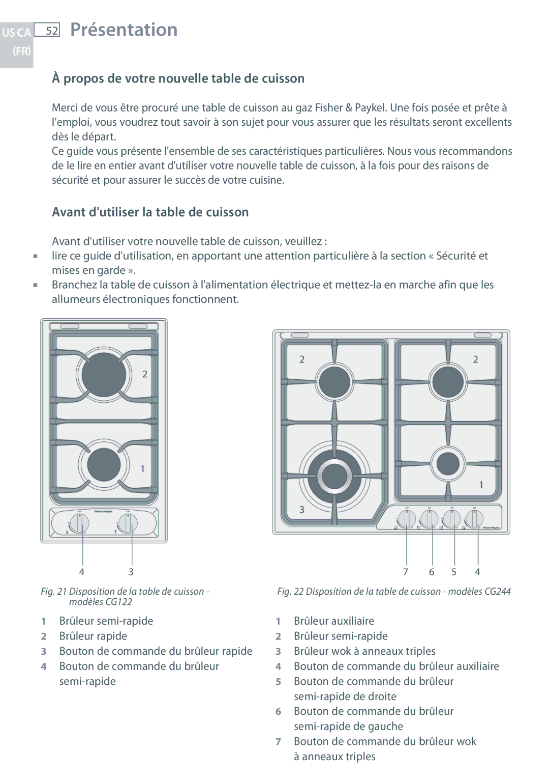 Fisher & Paykel CG244 52 Présentation, Propos de votre nouvelle table de cuisson, Avant dutiliser la table de cuisson 