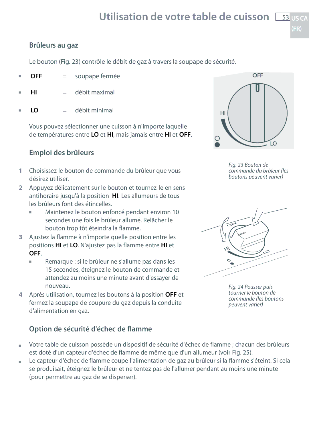 Fisher & Paykel CG122, CG244 Utilisation de votre table de cuisson, Brûleurs au gaz, Emploi des brûleurs 