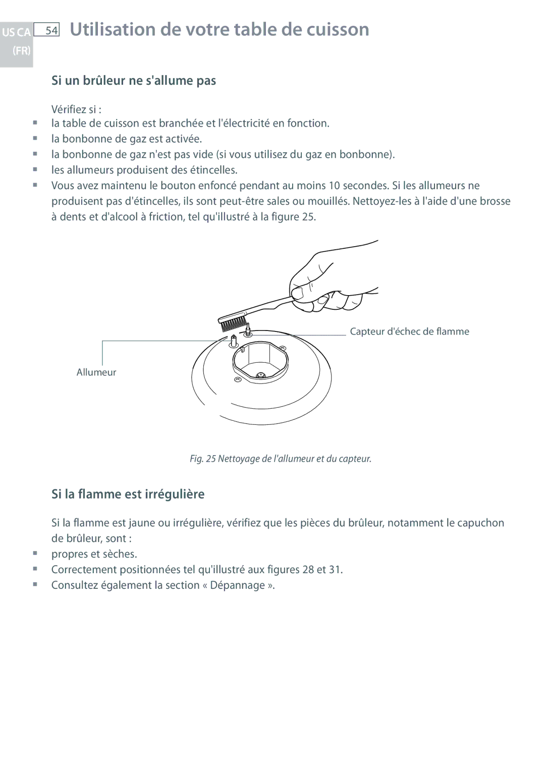 Fisher & Paykel CG244, CG122 installation instructions Si un brûleur ne sallume pas, Si la flamme est irrégulière 