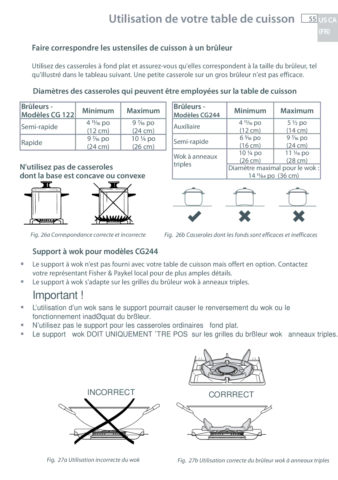 Fisher & Paykel CG122 Faire correspondre les ustensiles de cuisson à un brûleur, Support à wok pour modèles CG244, Rapide 