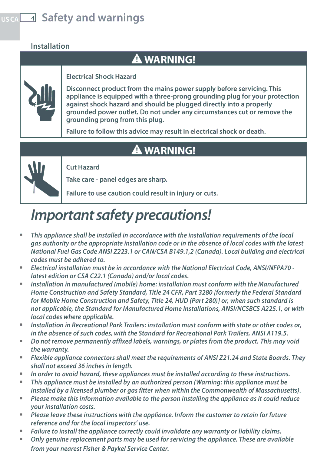 Fisher & Paykel CG244, CG122 installation instructions Safety and warnings, Installation 